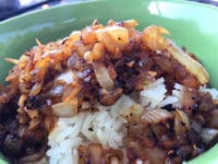 Rice Bowl Topped with Onion and Garlic Stir Fry