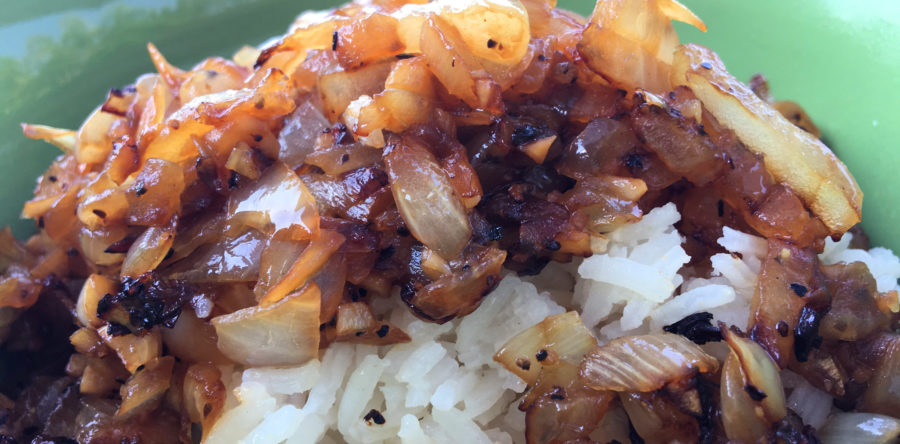 Rice Bowl Topped with Onion and Garlic Stir Fry